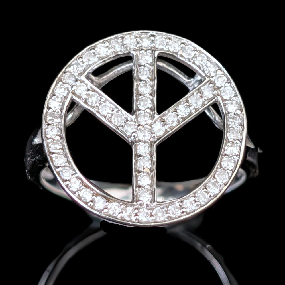 Vintage Peace Sign Ring Diamonds 14k White Gold Estate Retro Cocktail Gift